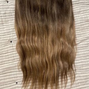 Halo couture extensions, 18 inch layered and trimmed. Real human hair